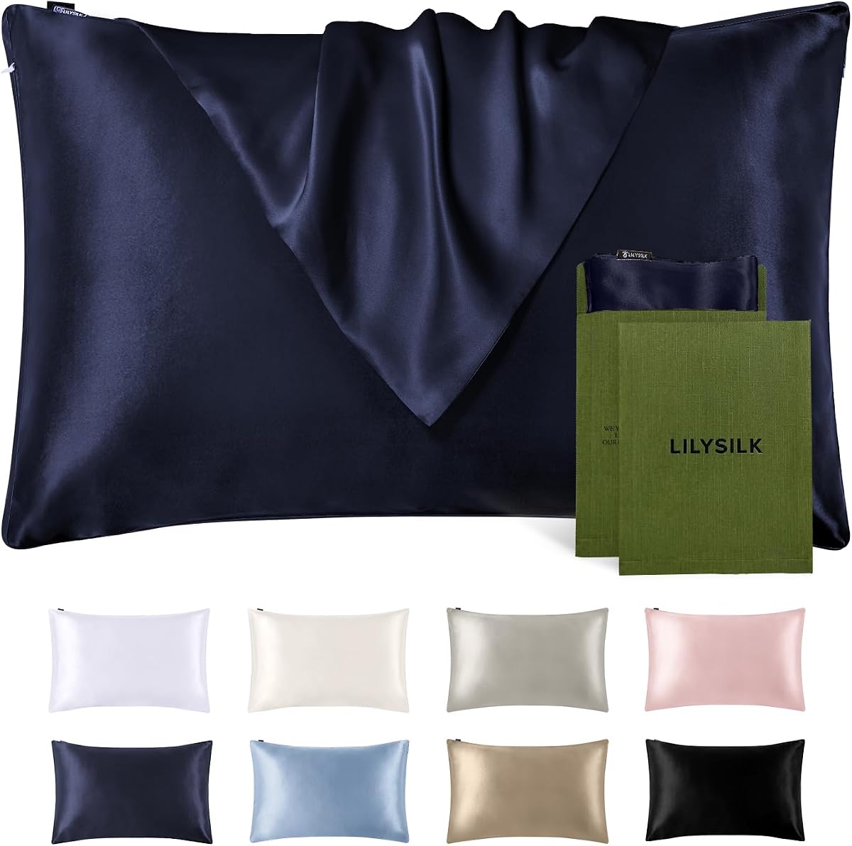LILYSILK Silk Pillowcase for Hair and Skin Standard-100% Mulberry Silk 19 Momme Both Sides Silk Bed Pillow Cover with Hidden Zipper, 1 Pc (Queen Size 20''x30'', Navy Blue)