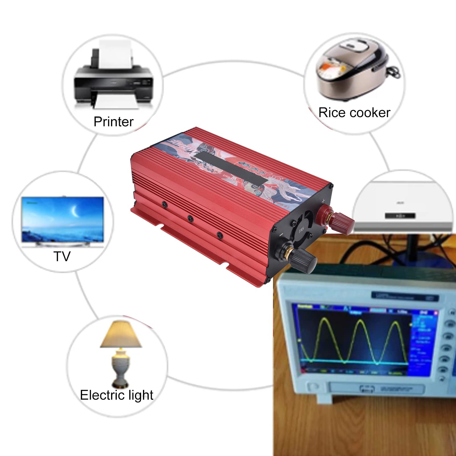 Wechselrichter, Stromrichter aus Aluminiumlegierung, 3000 W, Intelligenter Stromrichter mit Anzeige, DC12V-zu-AC220V-Wechselrichter für Haushaltsgeräte, Wohnmobile und Mehr (Rot)