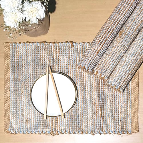 Chardin Home Natural Jute Placemats, Sky Blue-White, Set of 4, 13x19 in