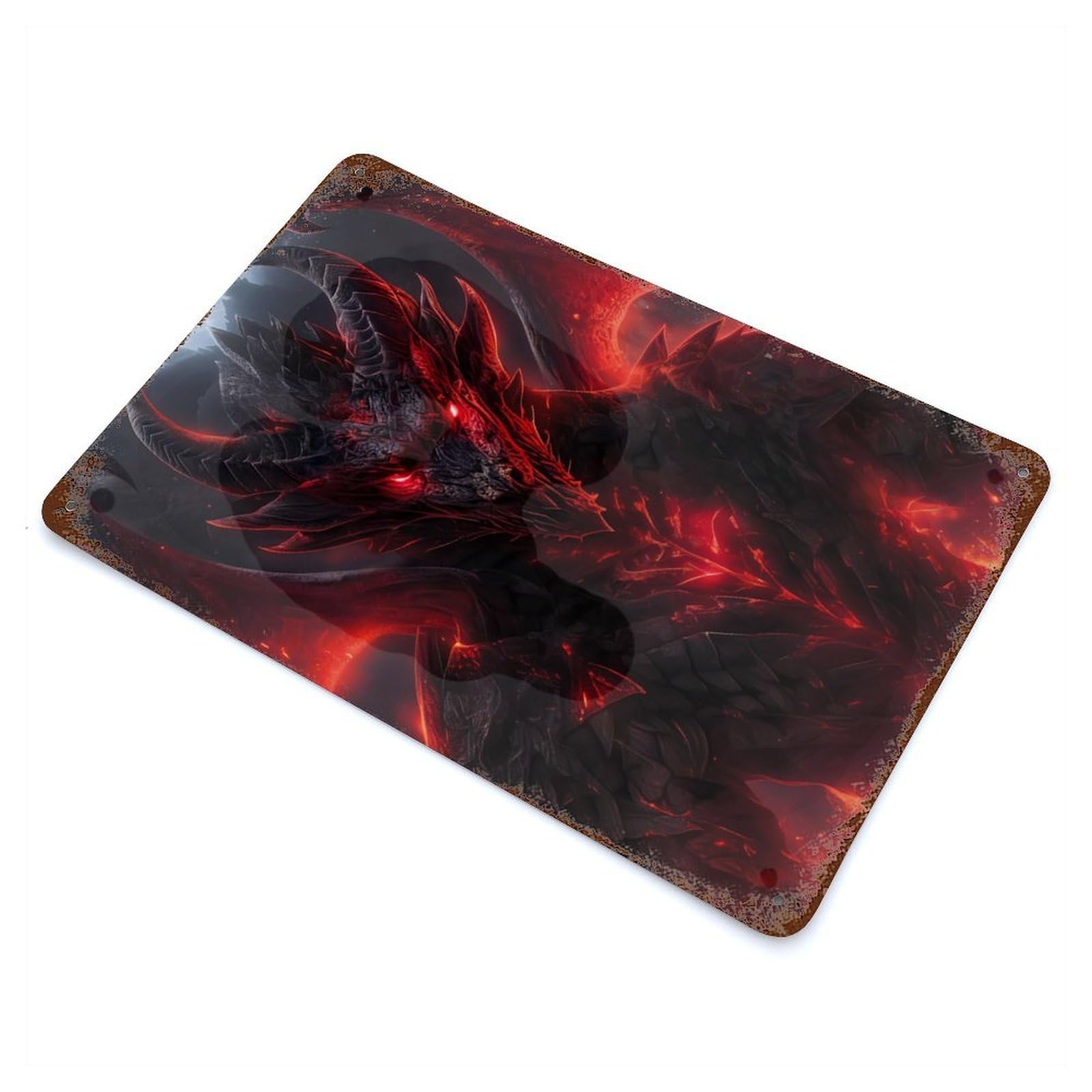 Rust Effect Red Fiery Evil Dragon Weathered Tin Sign 11.8"x7.9", Classic Wall Plaque for Living Room, Hallway And Home Decor