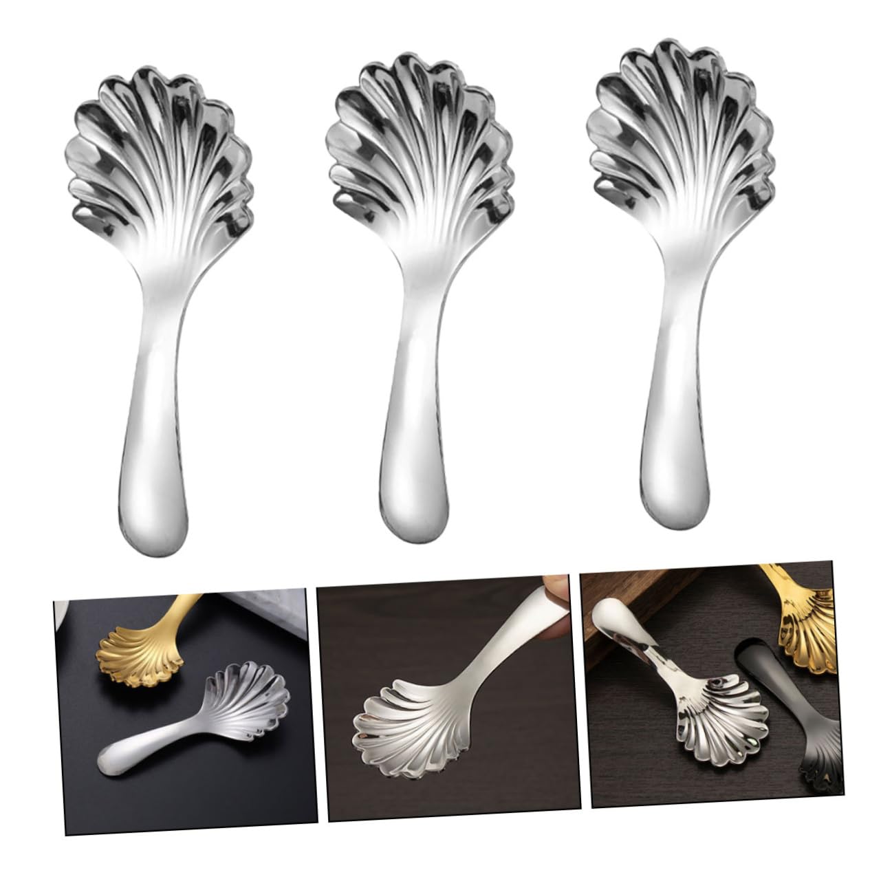 Cabilock 3Pcs Stainless Steel Dessert Spoons Metal Teaspoons for Ice Cream and Tea Elegant Shell Design for Parties and Events Resistant and Versatile