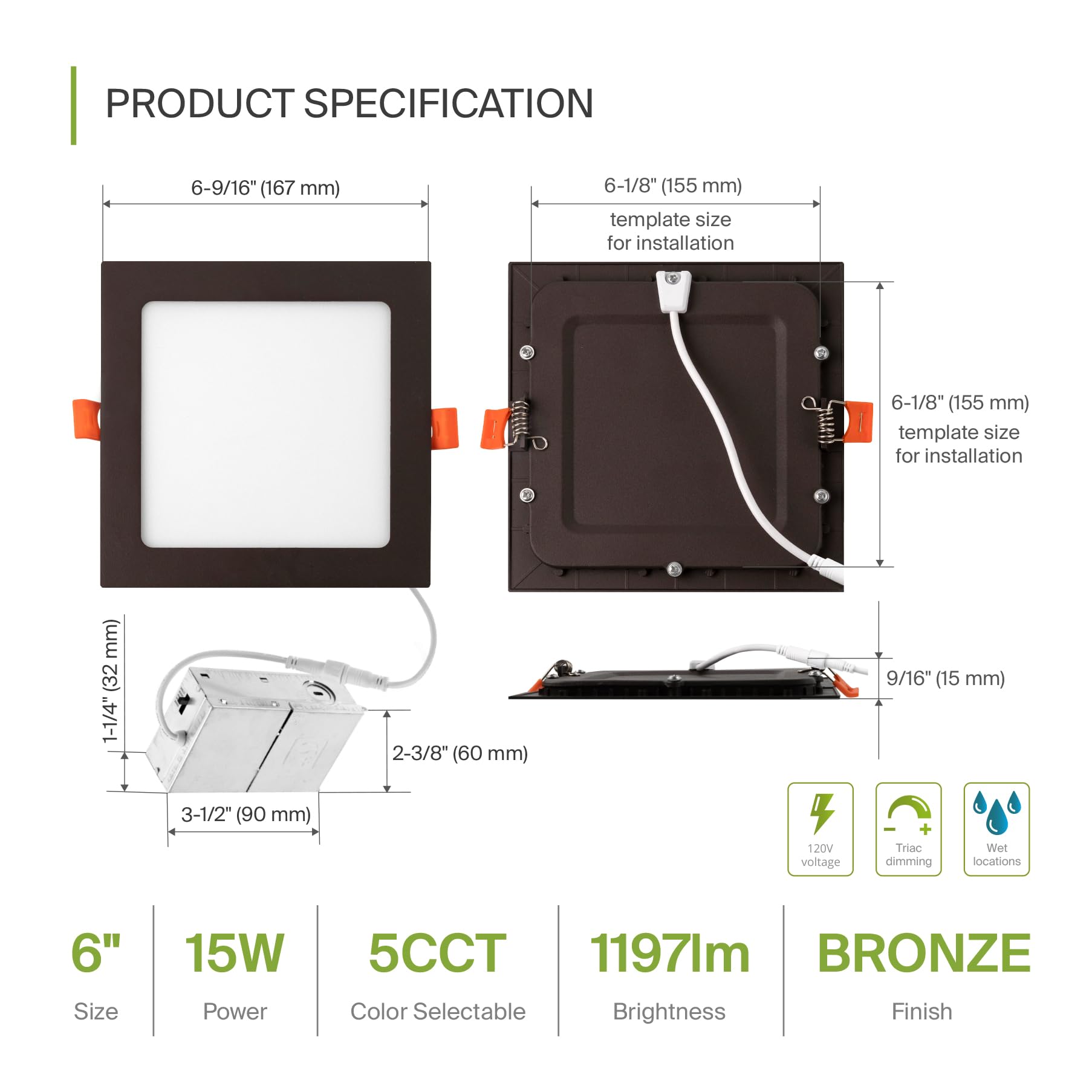 ASD LED Square Recessed Lighting 6 Inch | 2700K/3000K/3500K/4000K/5000K, 15W 60W Eqv | Ultra Thin Dimmable Ceiling Lights with J Box, Canless Wafer Downlight | Slim Panel Light - UL Energy Star 6 Pack