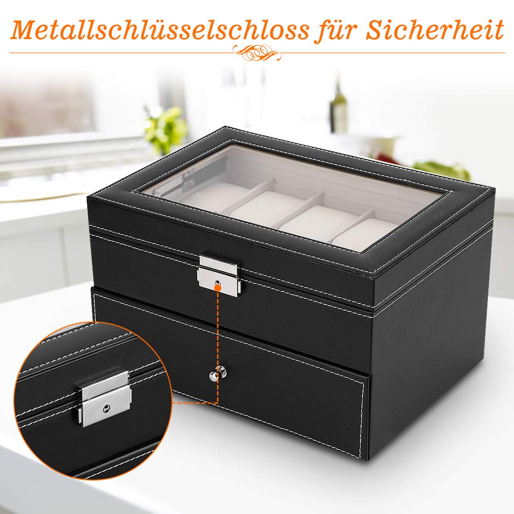 Uhrenbox aus PU Leder mit 20 Fächern, transparenter Acrylplatte und Schloss, Samt-Innenfutter für Armbanduhren, Schmuckvitrine