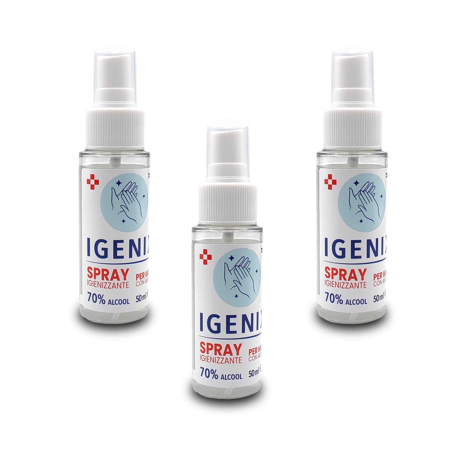 Igenizzante Mani e Superfici 3x50ml - Alcool 70%, Glicerina e Aloe Vera, Formula Potenziata - Spray Antibatterico, Virucida, Pratico e Sicuro