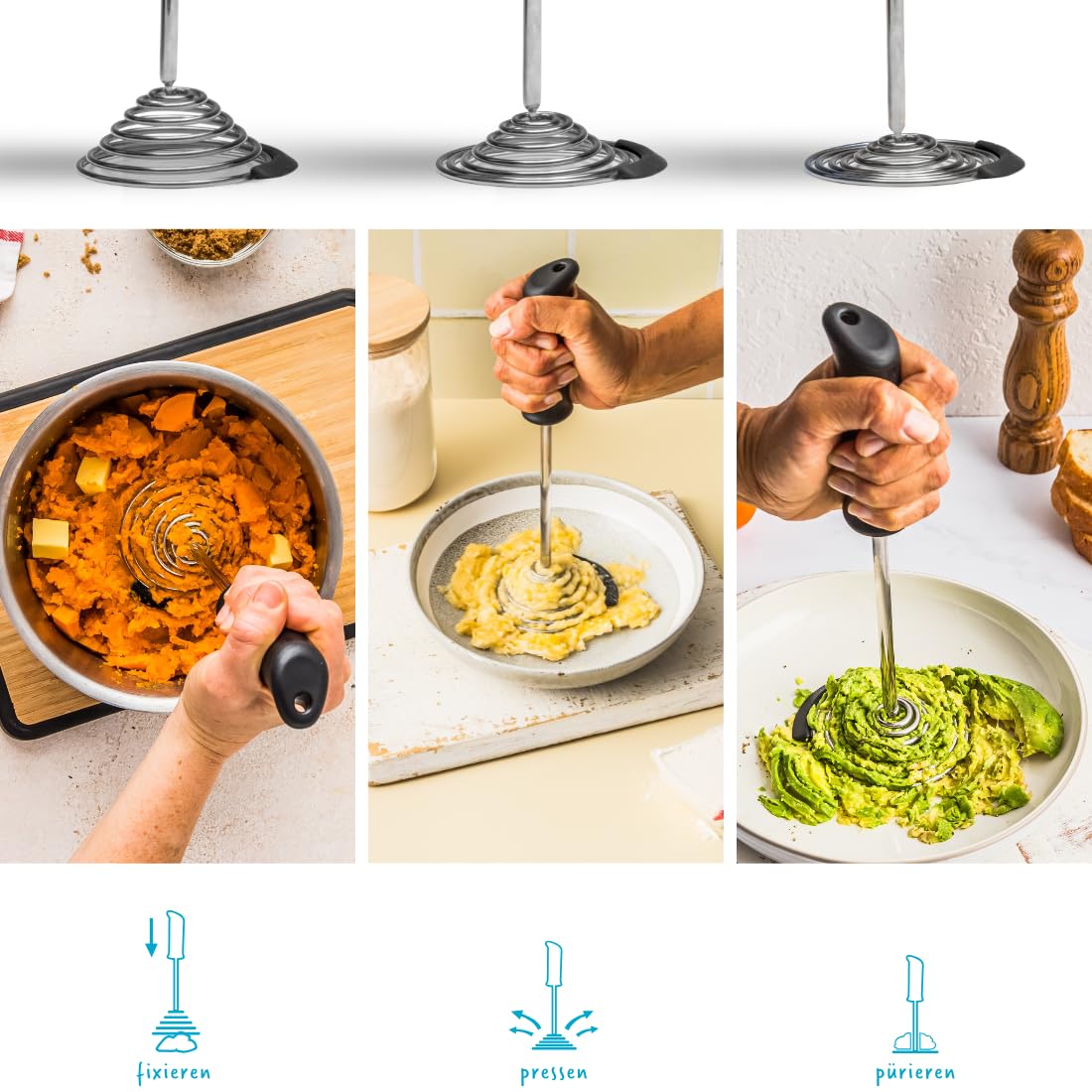 Dreamfarm SMOOD Kartoffelstampfer Edelstahl | Stampft Obst und Gemüse | Spülmaschinenfest | BPA frei | Kartoffelbrei Stampfer zum Stampfen, auskratzen und servieren | Hitzebeständig bis 260°C