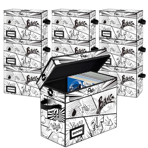 Image of 10 Pack Comic Book Storage Box, 15.8 inch X 7.8 inch X 11.8 inch, Heavy Duty Collapsible Holds 160-180 Comic Book Bin Container Holder Shelf (Cartoon Bombs)