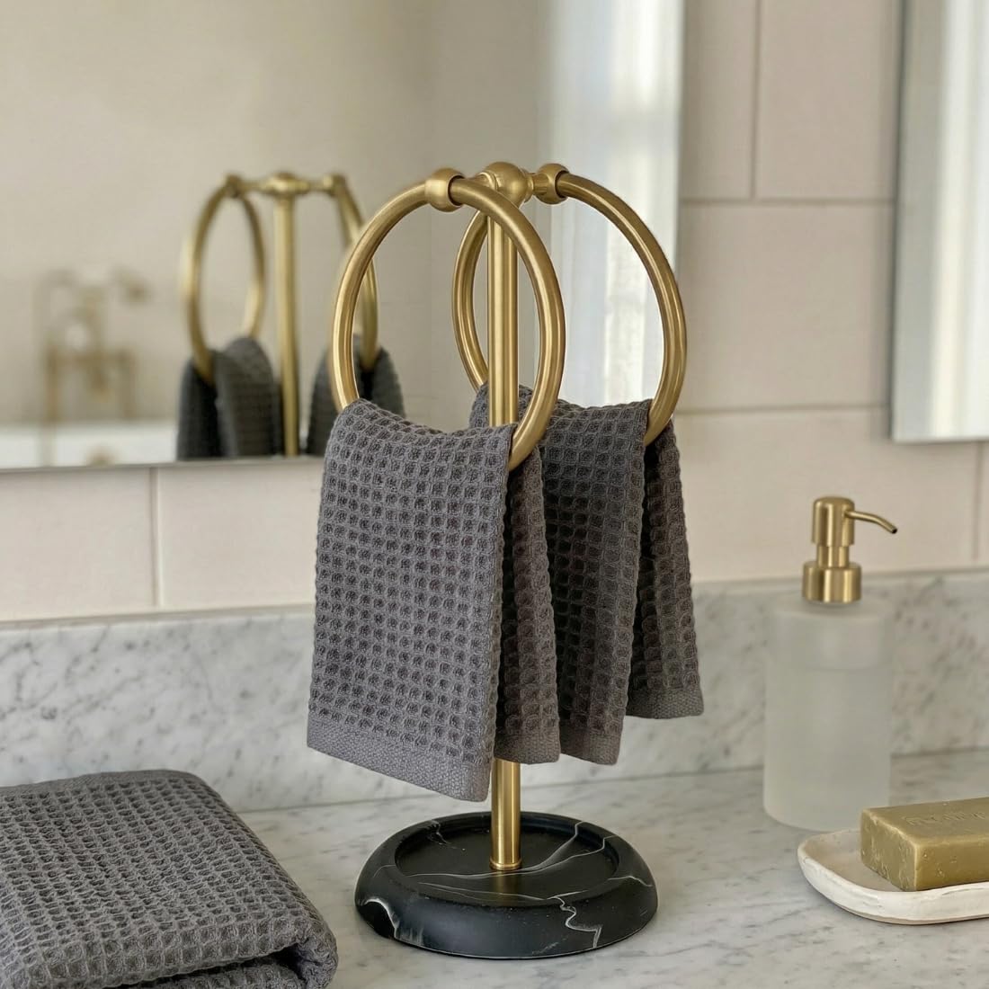 MASON HOME Dual Ring Hand Towel Stand - Black - 1pc | Made with Metal & Resin | Easy to Use | Bathroom - Kitchen - Bedroom - Washbasin | Towel - Kitchen Roll - Paper Towel | Décor | Organizer | Stand-image-23