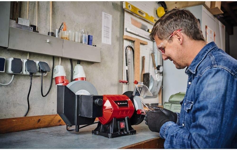 Einhell Touret d’affûtage TC-WD 200/150 (250 W, pare-étincelles) Livré avec meule à gros grains et meule à eau