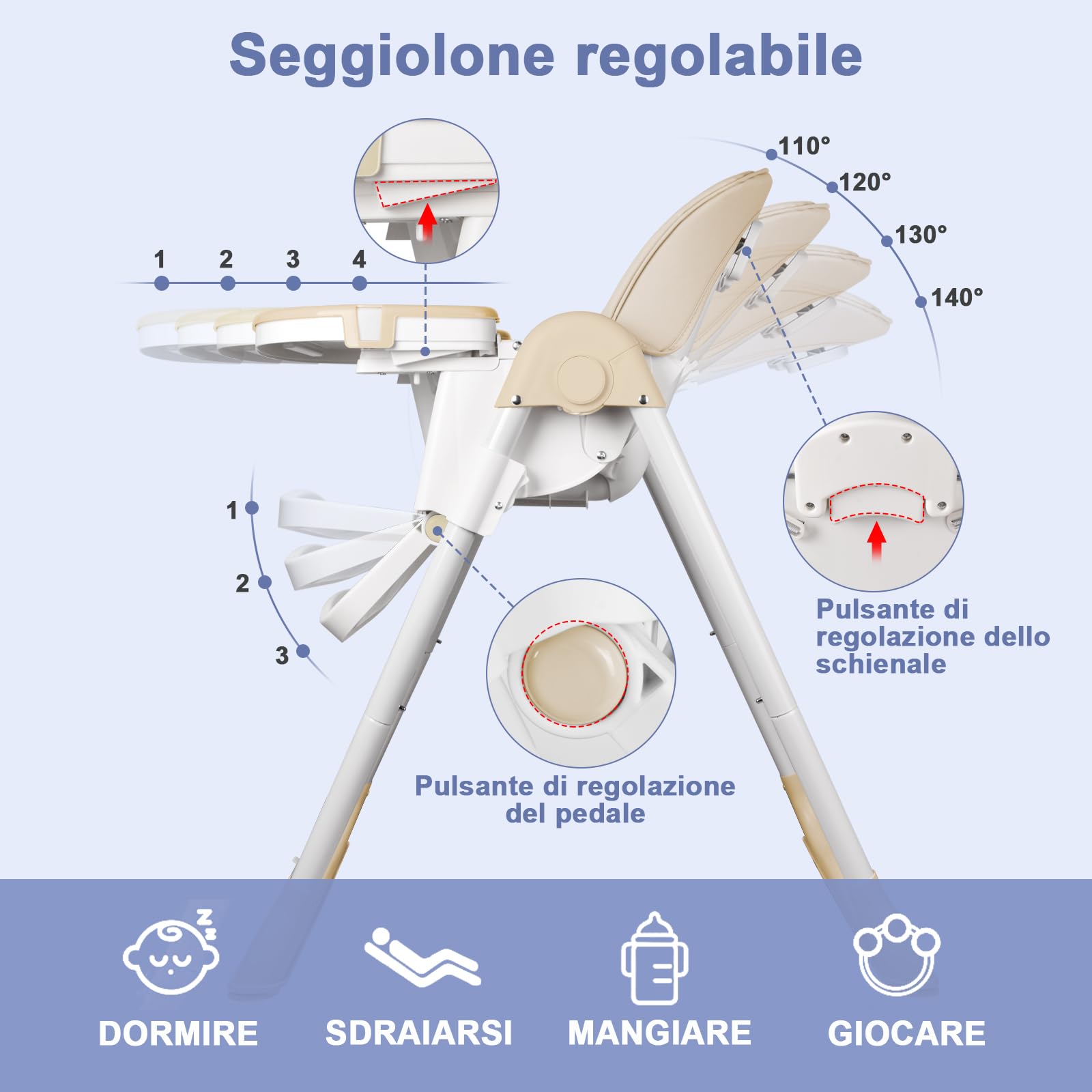Seggiolone Pappa Portatile, Seggiolone Evolutivo con Vassoio Doppio Rimovibile, 4 Posizioni di Reclinazione e 5 Posizioni di Altezza Seggiolone per Bambini da 6-36 mesi, Beige 01