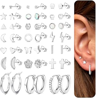 MILACOLATO 21 Pairs Silver Stud Earrings Set for Women Stainless Steel Cartilage Helix Small Tiny Hoop Earrings Star Moon Opal Cross Heart 20G Geometric Stud Earrings Piercing Jewellery