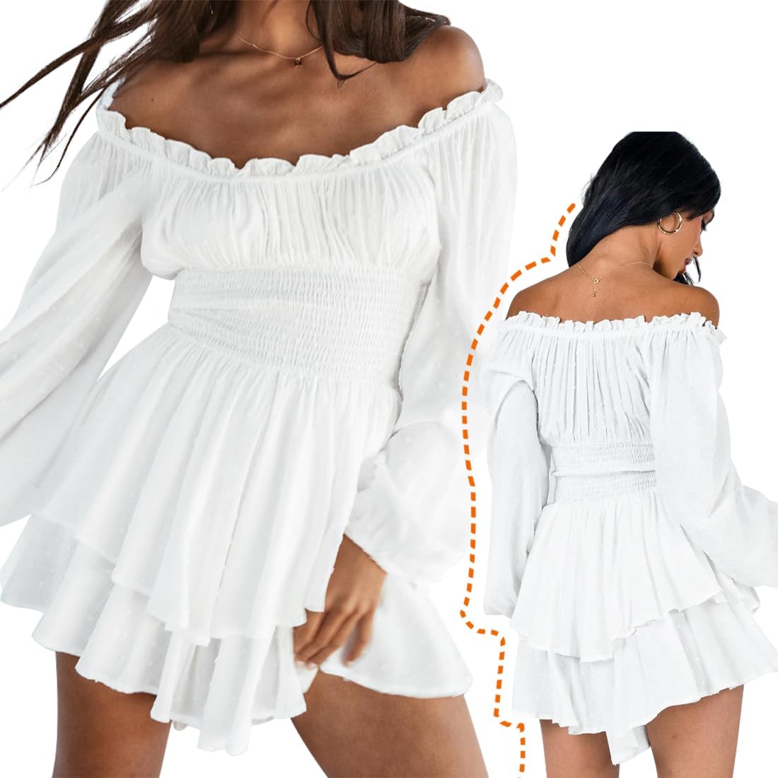 Witte piratenjurk voor dames, sexy mini-jurk met blote schouders en ingebouwde shorts eronder, lange of korte mouw, ruches A-lijn, piratenkostuum voor dames, 2-in-1 jurk, S Witte piratenjurk voor dames, sexy mini-jurk met blote schouders en ingebouwde shorts eronder, lange of korte mouw, ruches A-lijn, piratenkostuum voor dames, 2-in-1 jurk, S