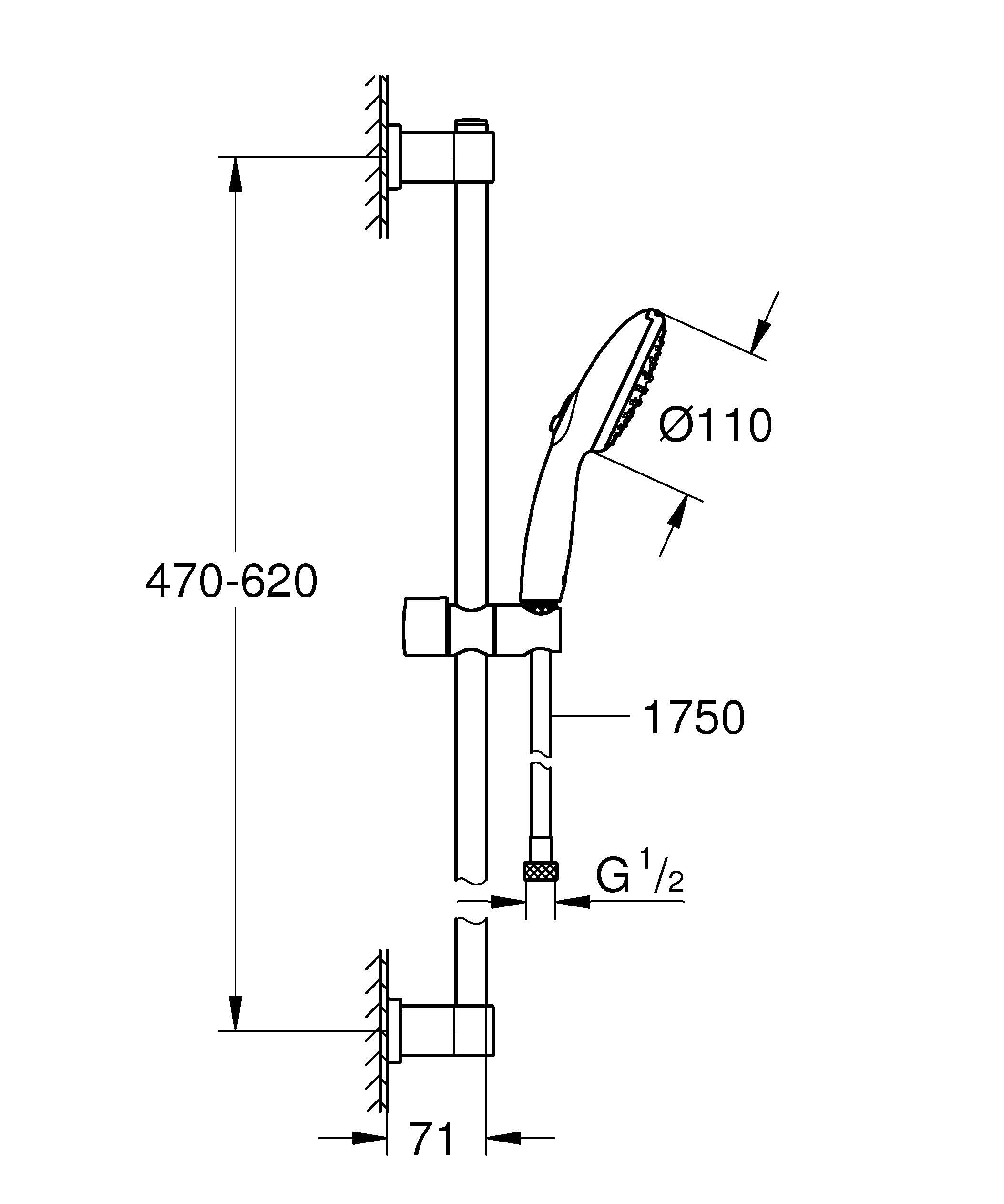 GROHE Vitalio 110, Duschset wassersparend, 6l pro Min (Brausestangenset mit: Duschkopf 2 Strahlarten, 1,75m Schlauch, Duschstange 60cm, zum Kleben oder Bohren, ohne Kleber), rund, schwarz, 279482431