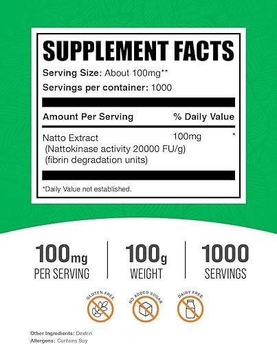 Miniatura 2 de BulkSupplements. com Nattokinase 2000 FU Polvo - Procedente de extracto de natto, suplemento de nattoquinasa - 100 mg de polvo de natto por porción,