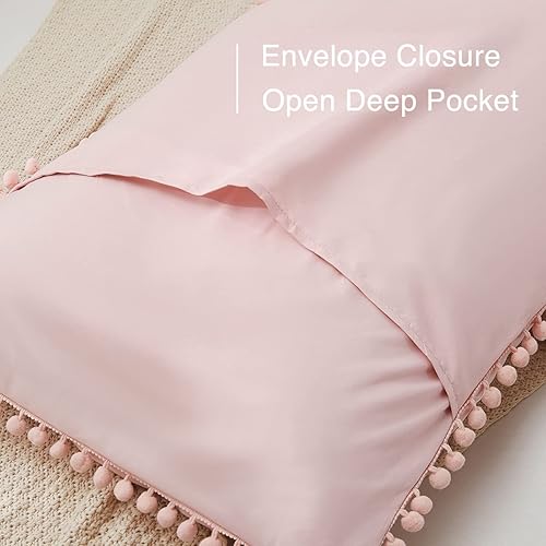 Miniatura 10 de 8HMOON Juego de 2 fundas de almohada suaves de microfibra con borlas, bonitas fundas de almohada transpirables estándar, diseño de sobre, 20 x 26