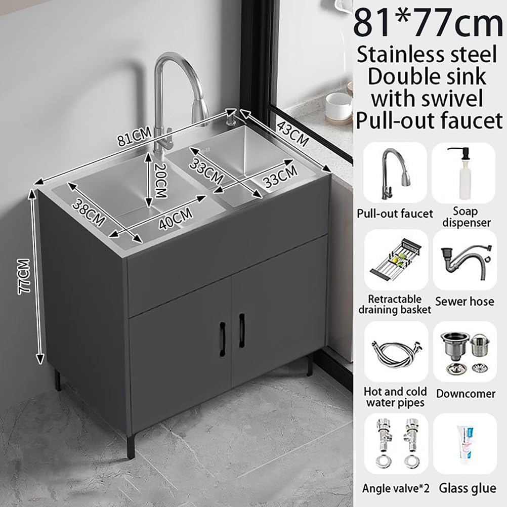 29/31In Stainless Steel Laundry Sink,Cabinet Free Standing Utility Sink,Modern Double Bowl Sinks,with Pull-Down Faucet,Multi-Use for Bathroom Laundry Room Kitchen Garage,Black,81 * 43 * 77cm