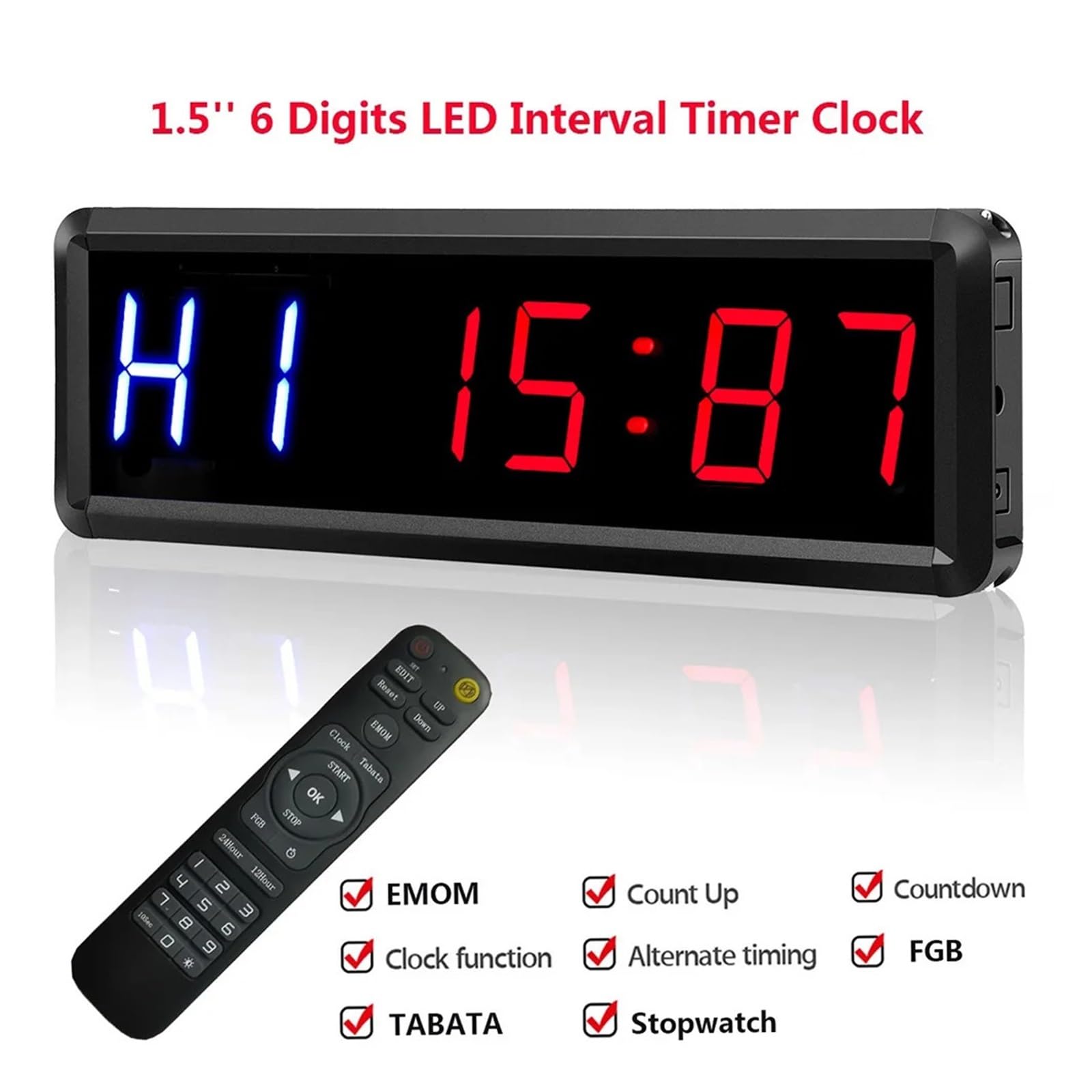 1.5 ''grande horloge de gymnastique chronomètre compte à rebours/haut, d'intervalle minuterie d'entraînement avec Buzzer, en plein air LED Ouverture à Distance(2 blue 4 red EU Plug)