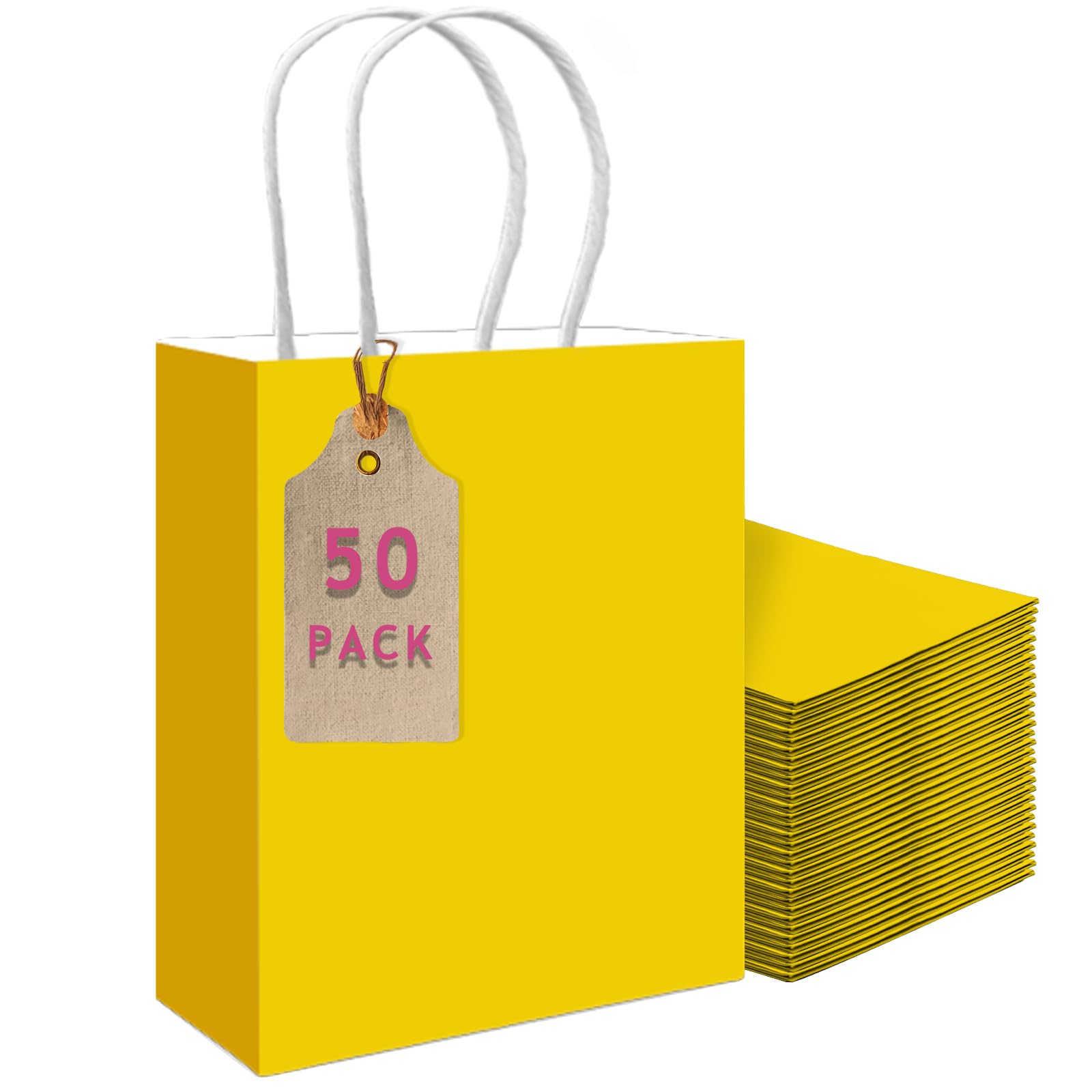 Gcardist 50 Stück Leuchtendes Gelb Mittlere-Geschenktüten aus Papier mit Henkeln–10.6"×8.3"×4.3"-Tüten Partygeschenktüten für vielfältige Verwendungszwecke