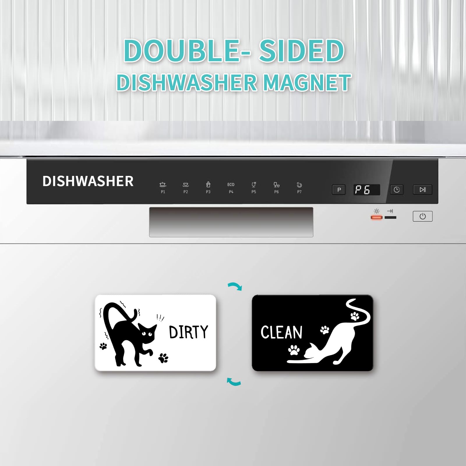 Black Cat Clean Dirty Dishwasher Magnet - Funny Double-Sided Reversible Sign For Kitchen, Refrigerator, Laundry, 3.5 Inches