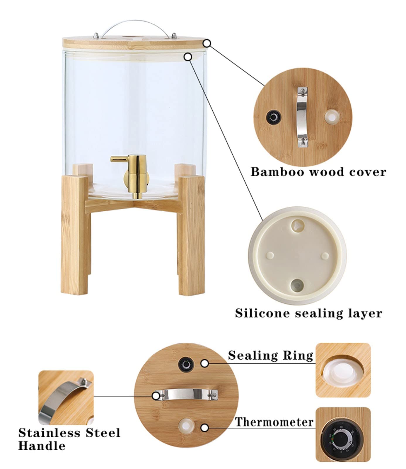 Dispensador de bebidas de vidrio con soporte y espiga para fiestas y eventos, ideal para vino, jugo, cerveza, ponche, té helado, rango de temperatura: -20 °C a 150 °C (capacidad de 8 litros)