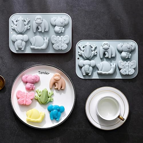 Miniatura 5 de Paquete de 2 moldes de silicona de animales lindos, 6 cavidades 3D de elefante, mariposa, mariquita, moldes para hornear pasteles, elegantes moldes