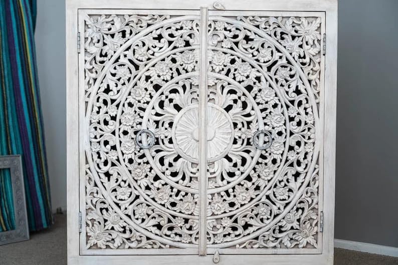 Carved Wood Accent Cabinet with Floral Mandala Design, White Vintage Sideboard with 2 Doors, Handcrafted Boho Storage Cabinet for Living Room, Bedroom, or Entryway, Solid Wood Chest Furniture-image-24