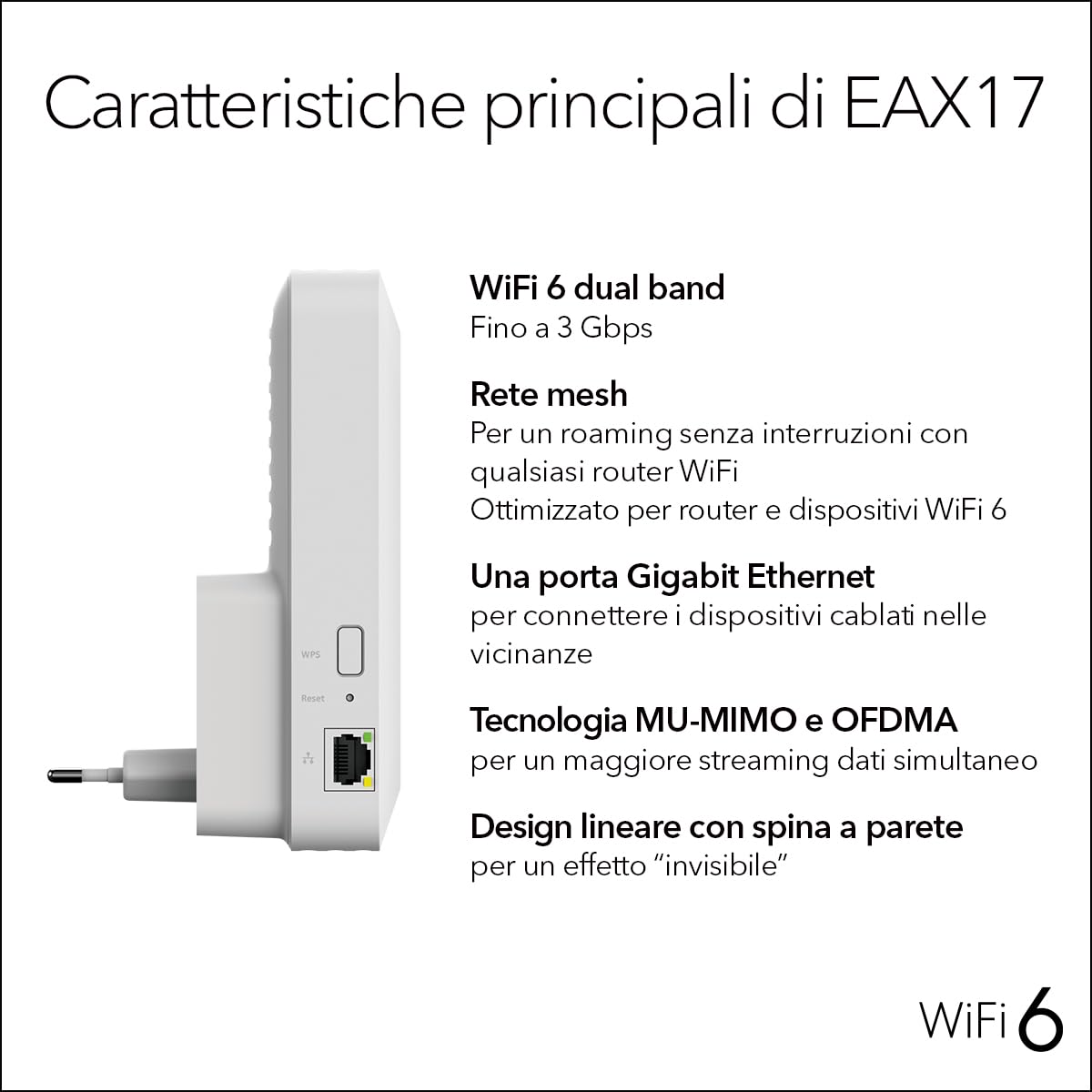 NETGEAR Repetidor WiFi Mesh 6 | Amplificador WiFi | Doble Banda | hasta 3,0 Gbps Velocidades AX3000 | Cobertura 100 m² para más de 20 Dispositivos con Seguridad WPA (EAX17)
