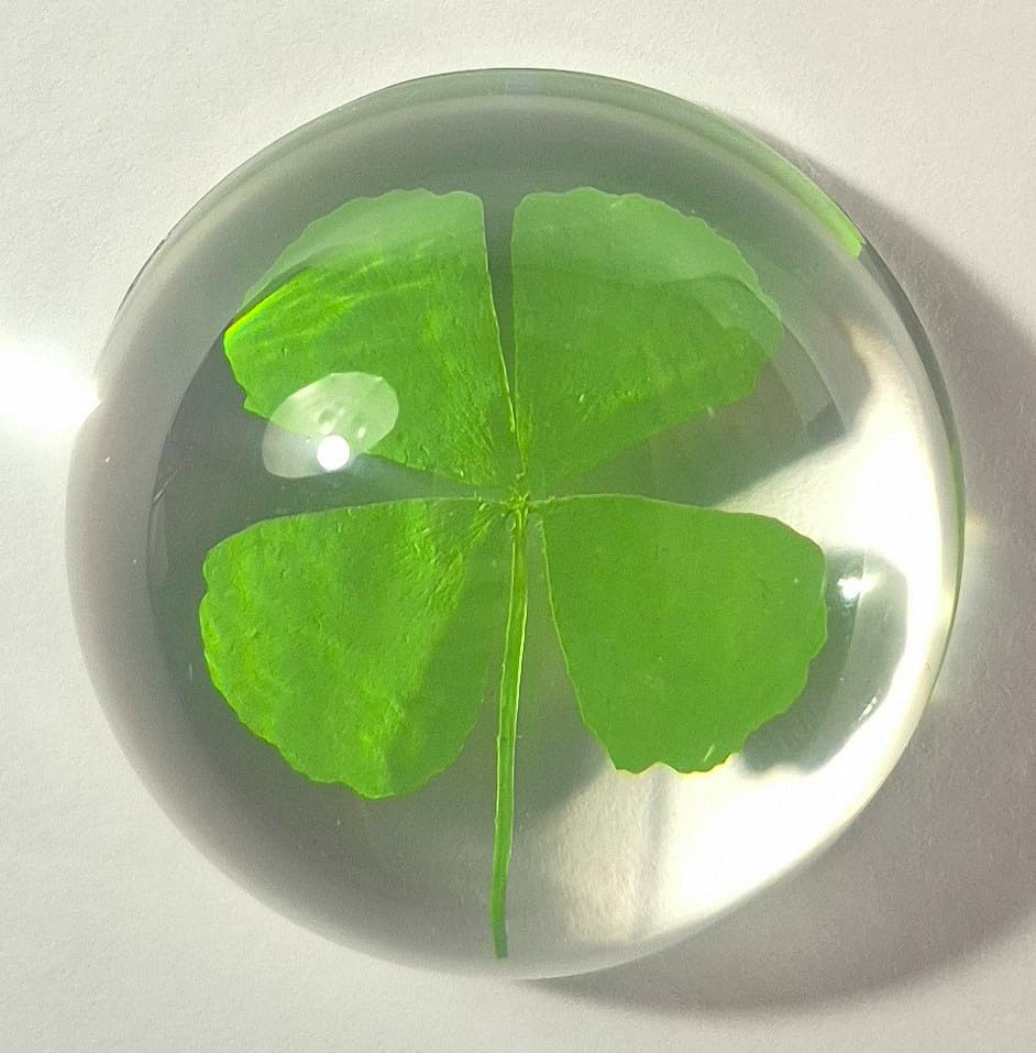 Image of 49mm Real Four Leaf Clover Shamrock in Crystal Clear Semi-Sphere Lucite Resin Specimen St.Patrick's Day inchLucky Leaf inch Gift Crafts Collection Botany Science Education Desk Ornament Display Paperweight | Clover in Resin