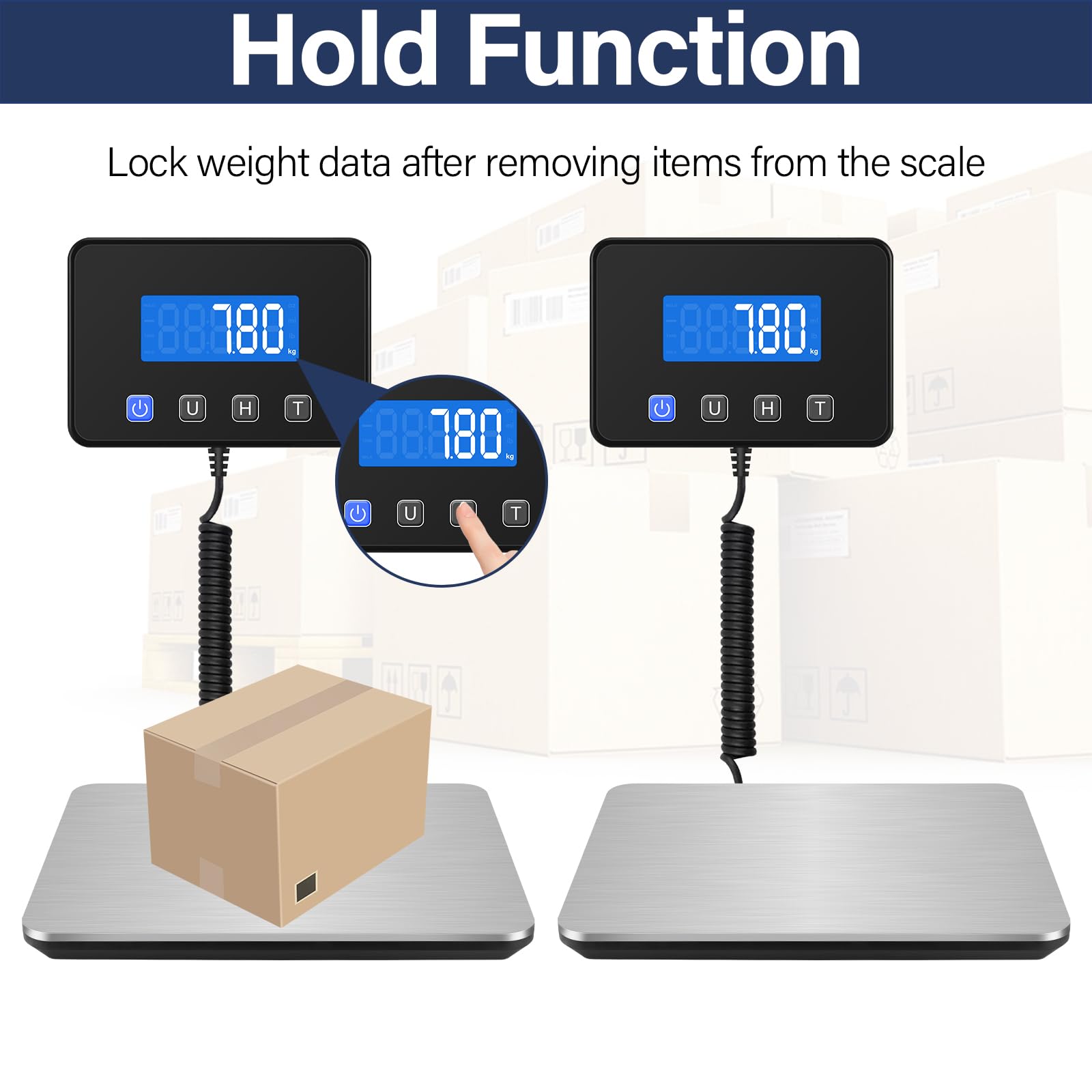 Collazoey Báscula Digital, Balanza Postal Ricaricabile USB da 200 kg/ 10 g con Función di Mantener/Tara, Acciaio Inossidabile, Sensore a 4-Punti con LCD, Adatta per Pacchi/Bagagli/Magazzini
