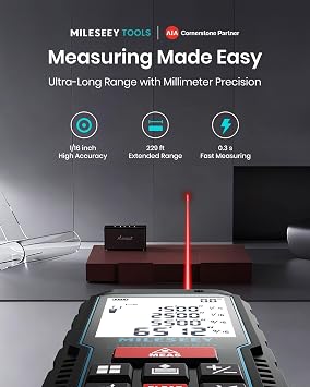 Laser Measure Device, MiLESEEY 229ft Digital Laser Tape Measure with Upgrade Electronic Angle Sensor, 2mm Accuracy, Area Measurement,Volume and Pythagoras, 2 LCD Backlit,Mute, Battery Included