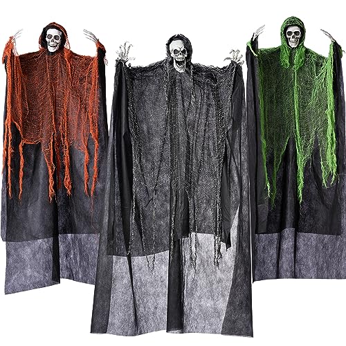 Image of JOYIN 3 Pcs Halloween Hanging Grim Reapers, one 63 inch Two 47 inch Grim Reapers, Halloween Skeleton Outdoor Decoration Flying Ghost for Haunted Haunted House Prop, Party Supplies Decor