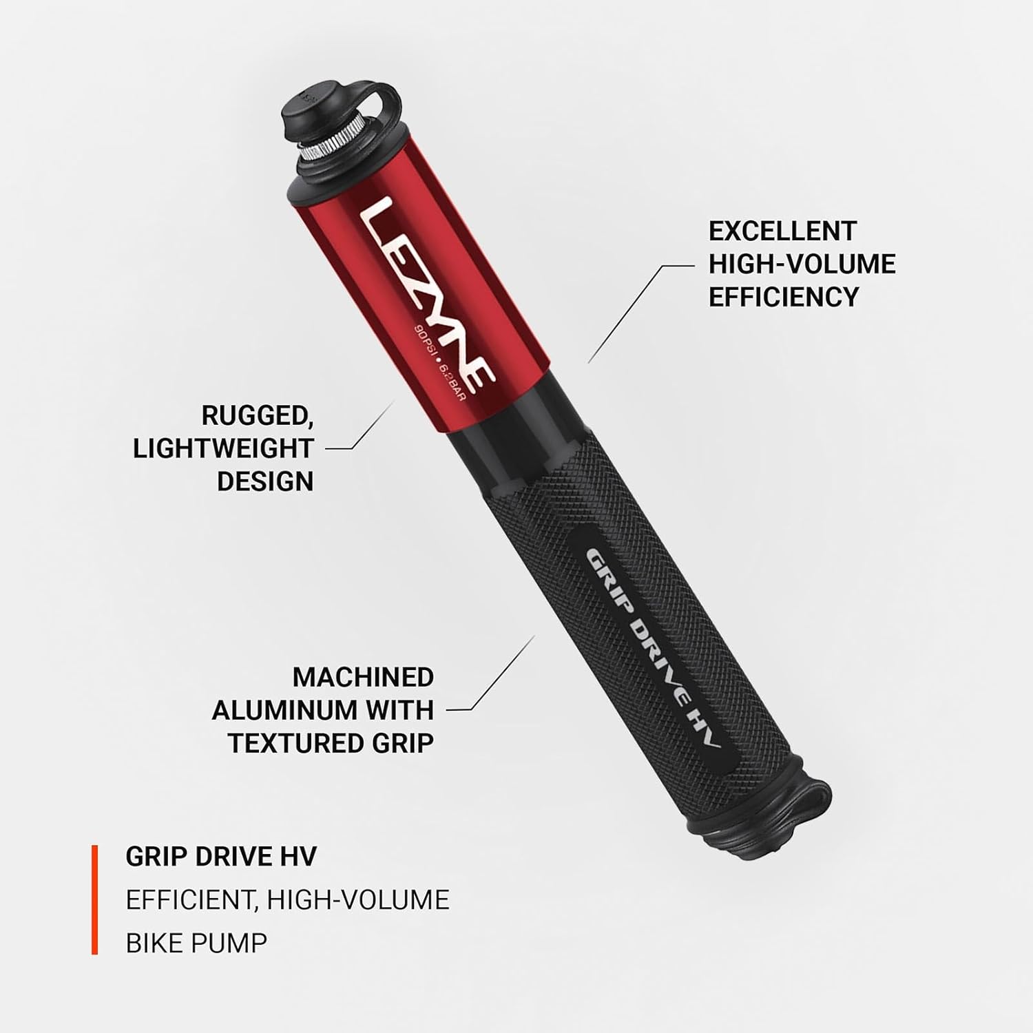LEZYNE Grip Drive HV High Volume Bike Hand Pump | 90 PSI CNC-Machined Aluminum Mini Bicycle Pump for MTB & Gravel Tires, ABS Flex Hose, Presta & Schrader Compatible, Frame Mount Included