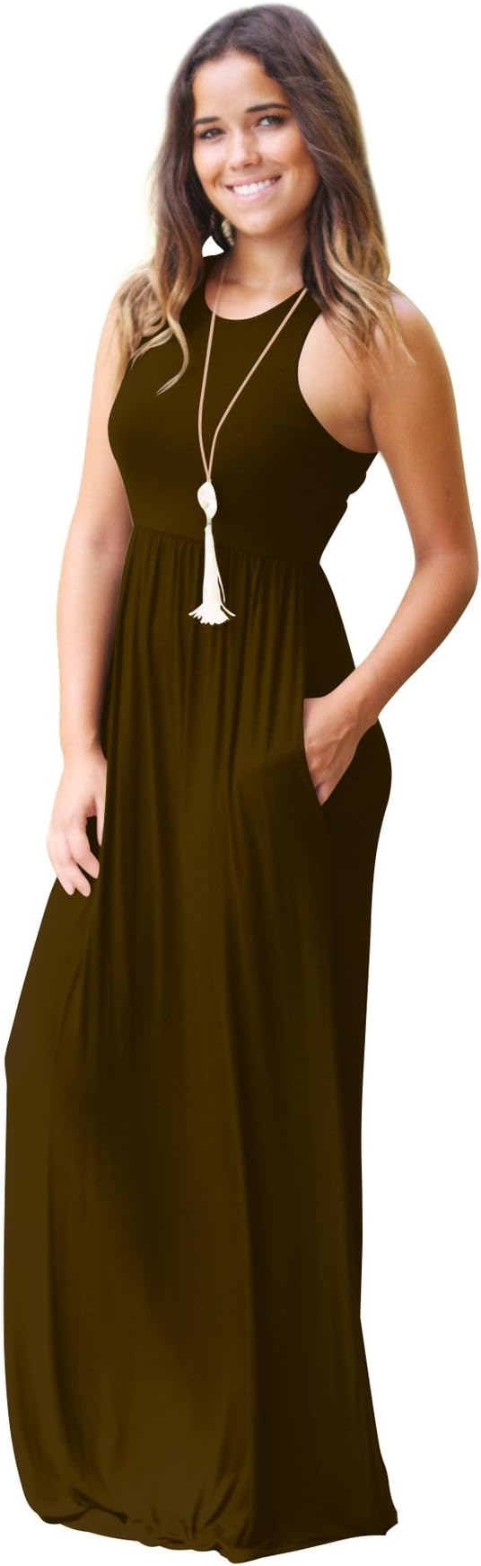 Minma Women Sleeveless Tunic Maxi Dress Racerback Plain Swing Maxi Dresses Casual Long Dress with Pockets