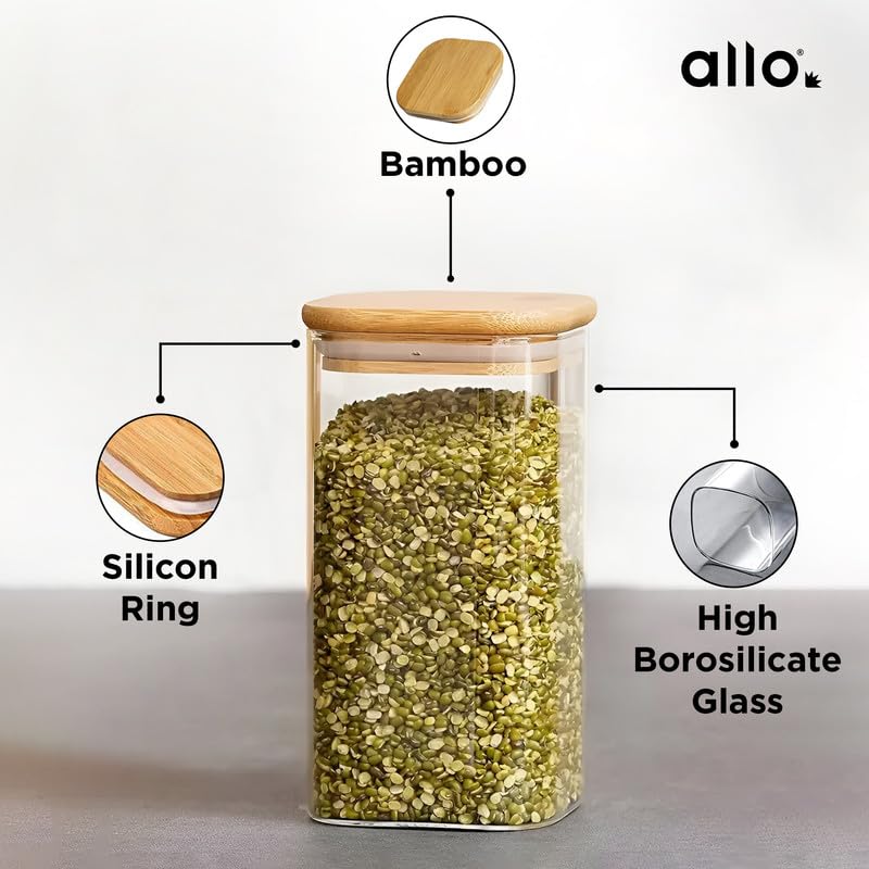 Image of Allo 1000ML Kitchen Storage Box Glass Jars With Wooden Lids - Borosilicate Glass Food Storage Containers Airtight Glass Jar For Tea, Coffee, Spice, Pulses, Masala (Square Glass Jar - Set of 6)