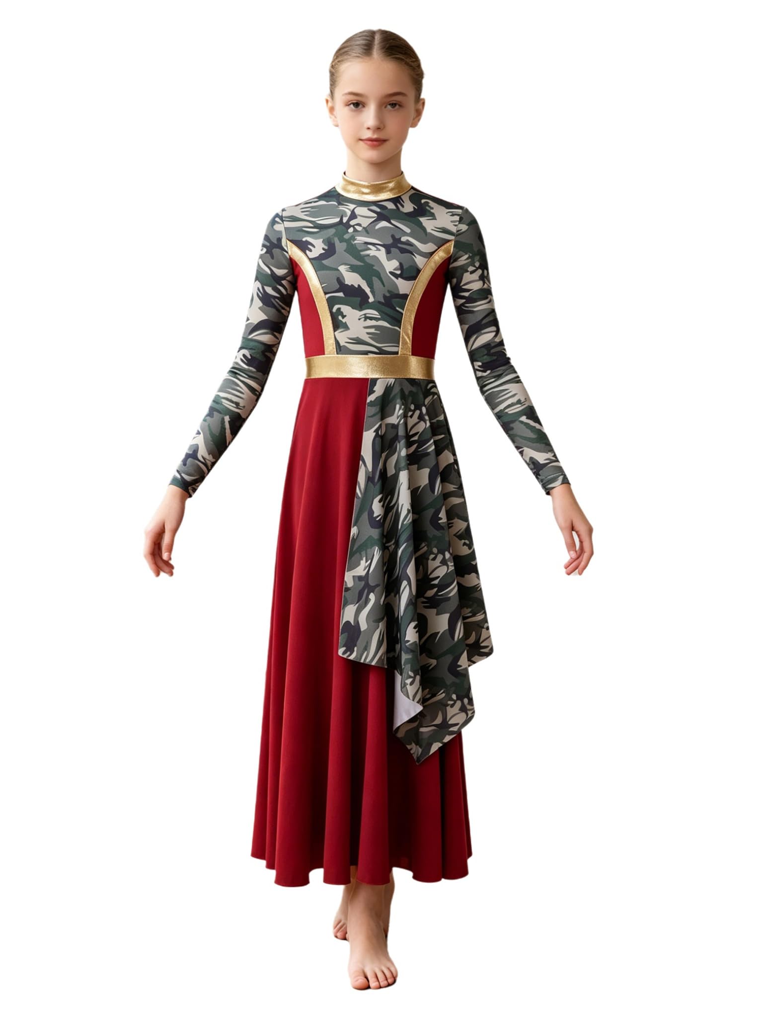 Vestido de Danza Cristiana para Niña Vestido Baile de Mangas Largas con Estampado Traje Culto Litúrgico Fiesta de Alabanza