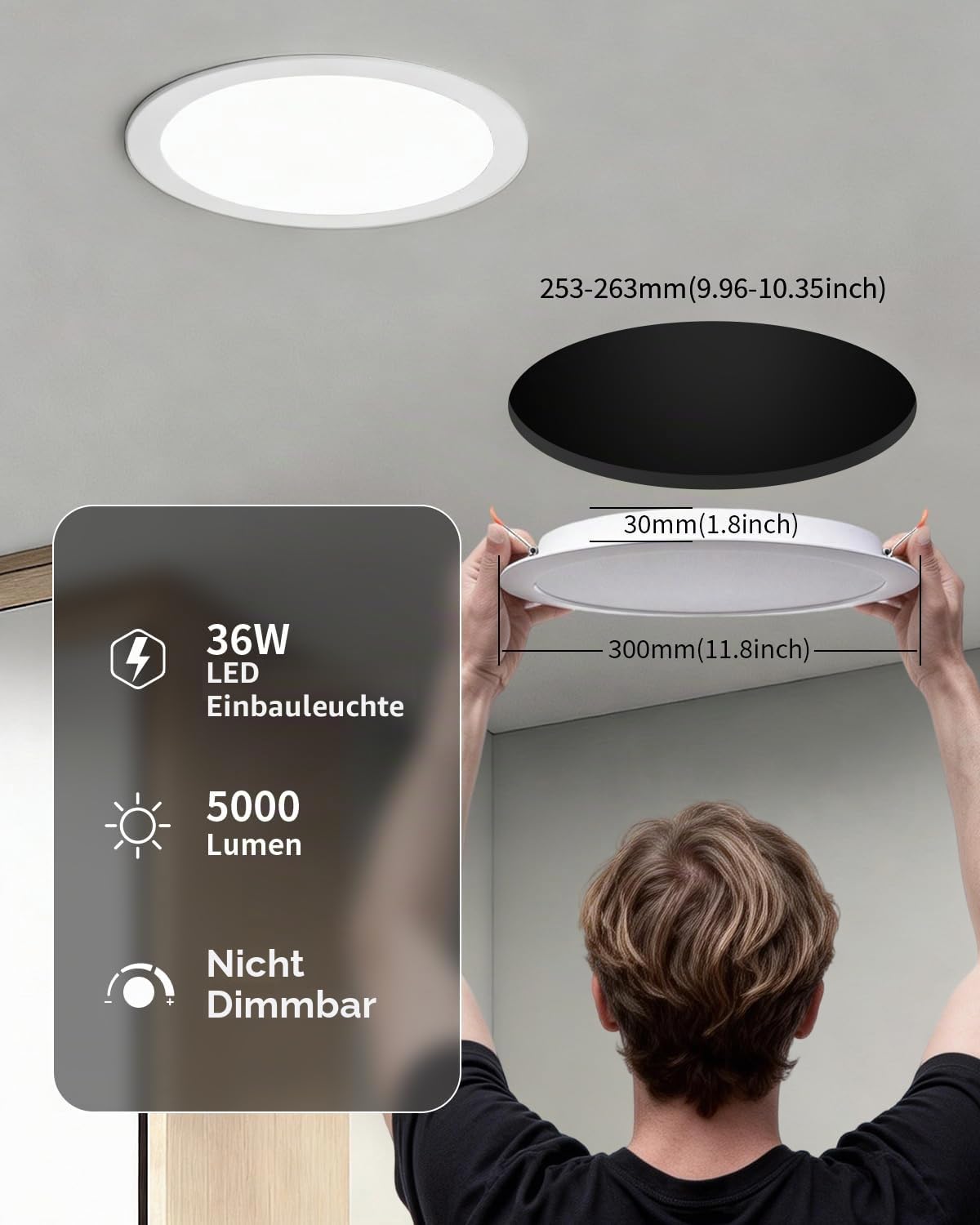 6 Stück LED Deckenleuchte Flach 36W Rund 3CCT 5000LM Ausschnitt Ø253-263mm | Grebeam IP44 Deckenspot Groß Ultra Slim Einbautiefe 30mm LED Panel 300x300 Warmweiß/Neutralweiß/Kaltweiß für Büro Wohnzimmer