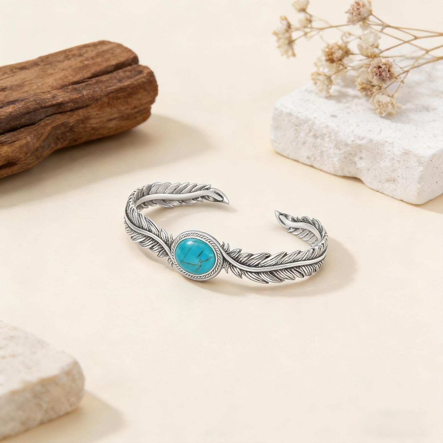Southwestern Feather Cuff Bracelet, 925 Sterling Silver Natural Gemstone Open Bangle Vintage Boho Jewelry for Women