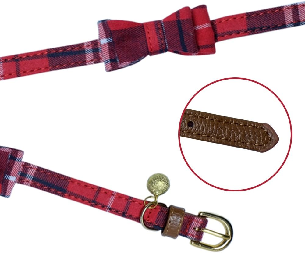 Dog Cat Collars Leather for Small Pet Adjustable Bow-tie and Scarf Puppy Collars with Bell Cute Plaid Bandana Dog Collar(2 Pack) (red Plaid)