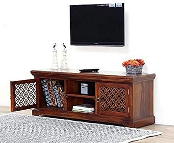 Sheesham Wood Entertainment TV Unit Cabinet with 2 Drawer and 2 Shelf Storage for Home Living Room Solid Wooden Furniture for Hall & Office Décor - (Honey Finish)
