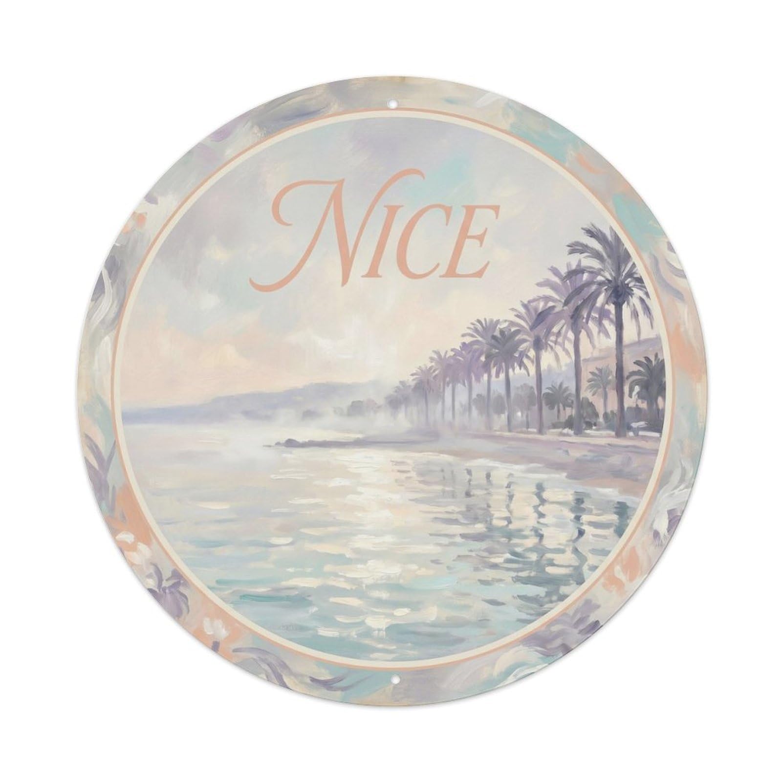Seaside Palm Nice France Impressionist Travel Landscape Metal Tin Sign Plaque Wall Decor for Cafe, Man Cave, Club Bar, Office, Home Garden Round Metal Poster 8x8Inch