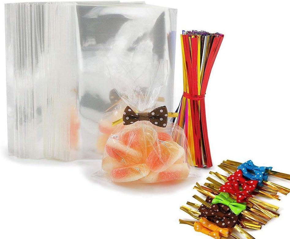 200 Clear Treat Bags with 200 Pcs Twist Ties 20 Bowknot 5 Colors，Clear Cellophone Bags Party Favor Bags for Lollipop Cake Pop Candy Buffet Chocolate Cookie Wedding Supply (3'' x 4'')