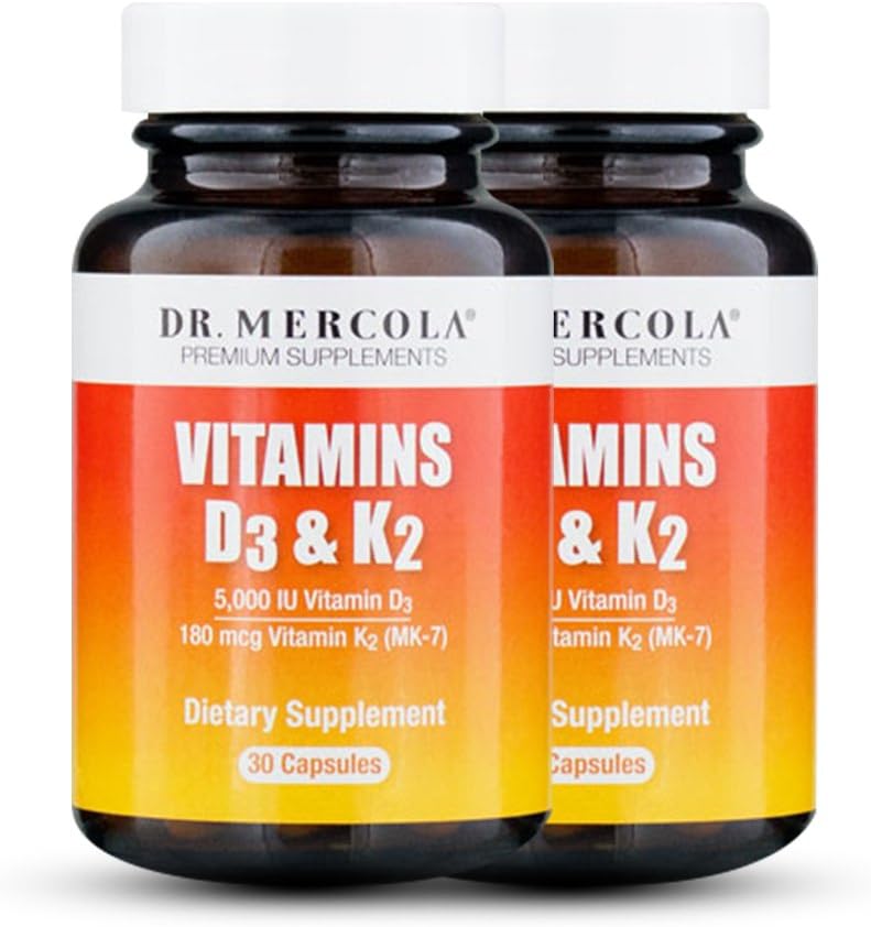 Dr. Mercola Vitamin D3 and K2 Supplement - 2 Bottles - 30 Capsules Each- 5000iu D3 and 180mcg K-2 MK7 - Heart, Bone and Muscle Health - for Men & Women - Vegetarian Capsules - Soy Free