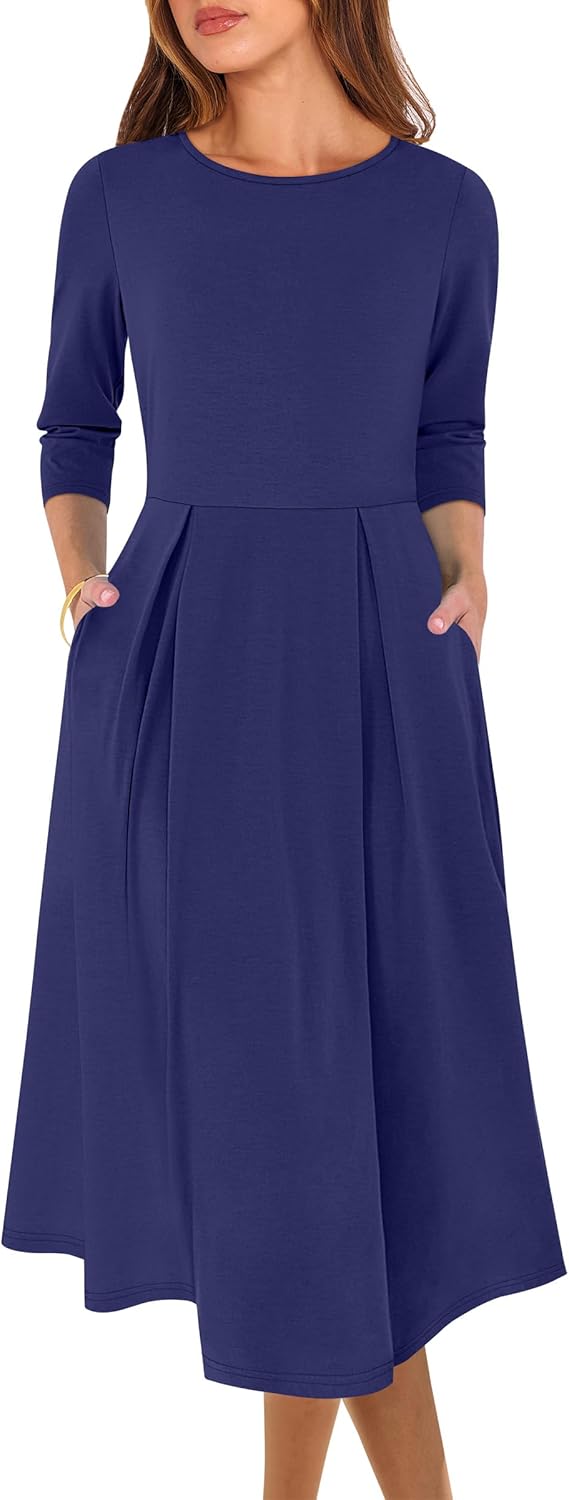 Prinbara Women's 3/4 Sleeve Midi Dresses 2025 Fall Casual Boho A-Line Flowy Swing Summer Floral T Shirt Dress with Pockets