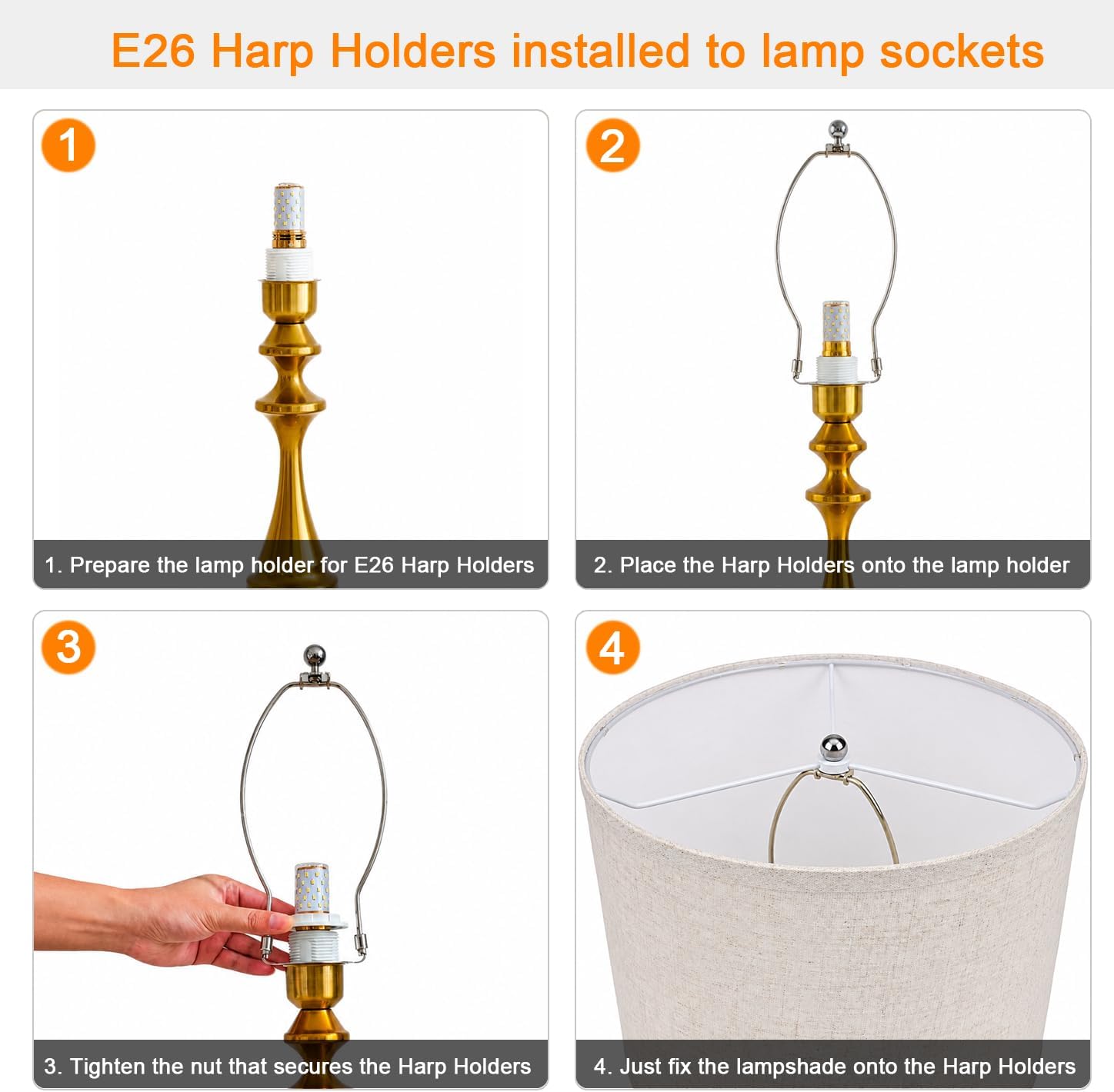 Lamp E26 Harp Holder, Replacement Kit with Saddle Base and Finial, Silver, Stainless Steel, 10 x 6 x 2.5 Inches, 0.5 Pounds, for Table Lamps and Floor Lamps