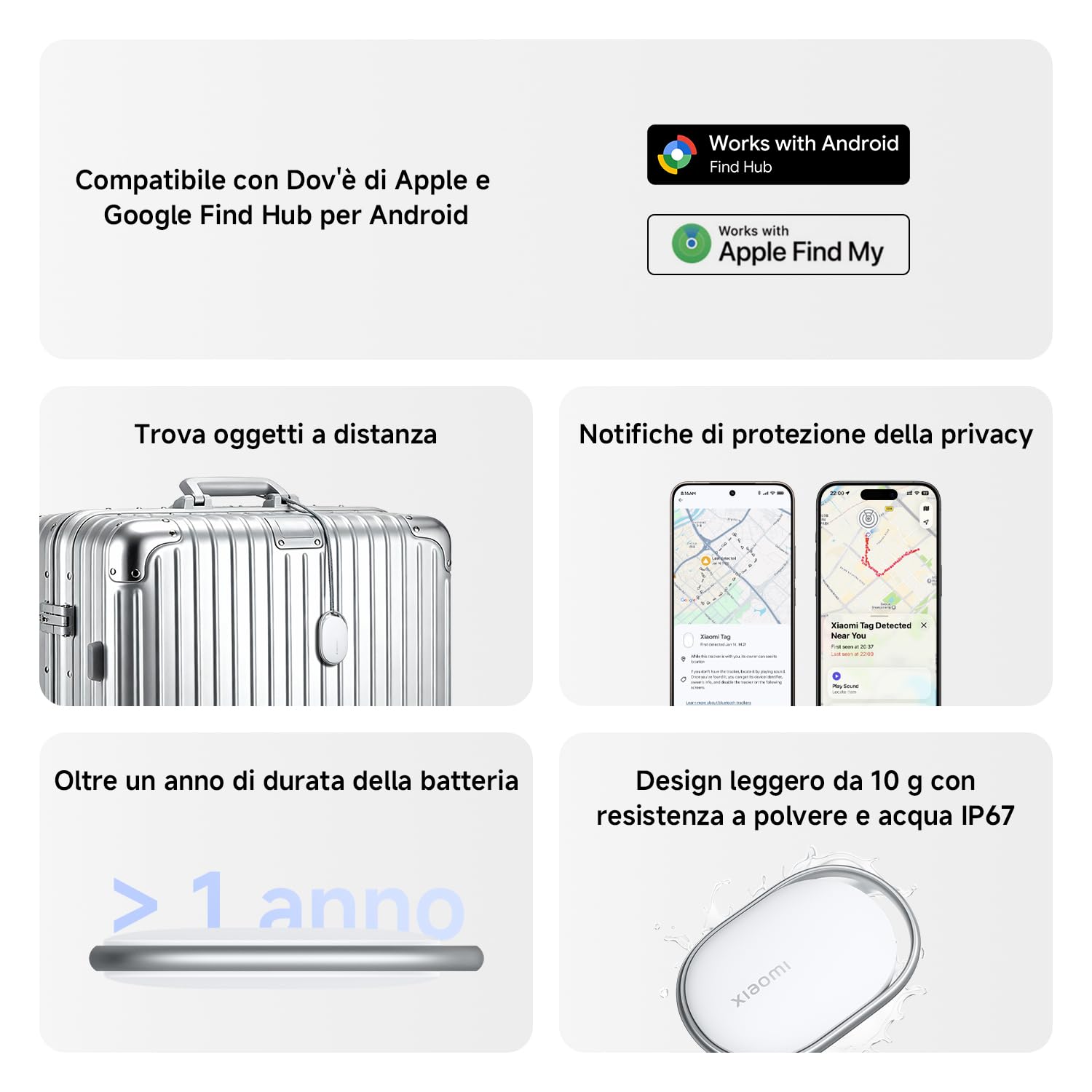Xiaomi Smart Tag compatibile con Apple Find My e Google Android Find Hub, localizzatore, localizzatore per bagagli/borse/valigie/portafogli/animali domestici, IP67, autonomia >1 anno, confezione da 1