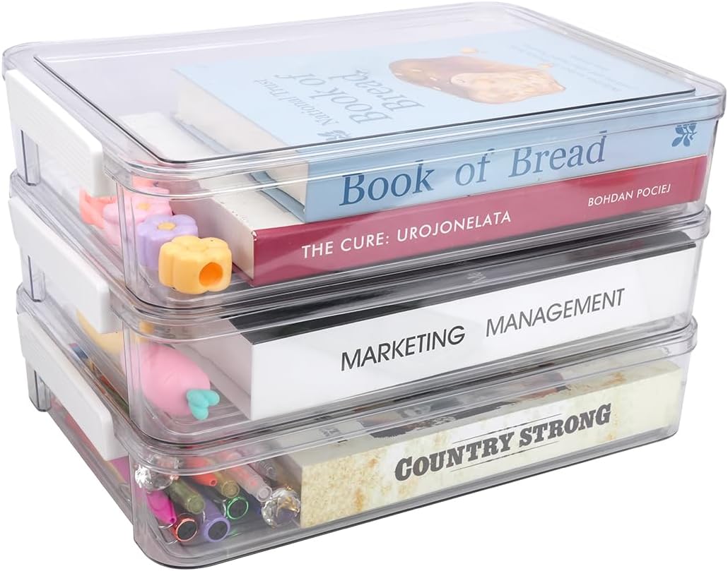 3 Pcs 5.5Qt Plastic Storage Bins with Lids and Latches, Clear Stackable File Box with 2 Document Holder and Sticker, Paper Storage Box for A4 Paper Letters Documents Scrapbook Art Supplies Crafts