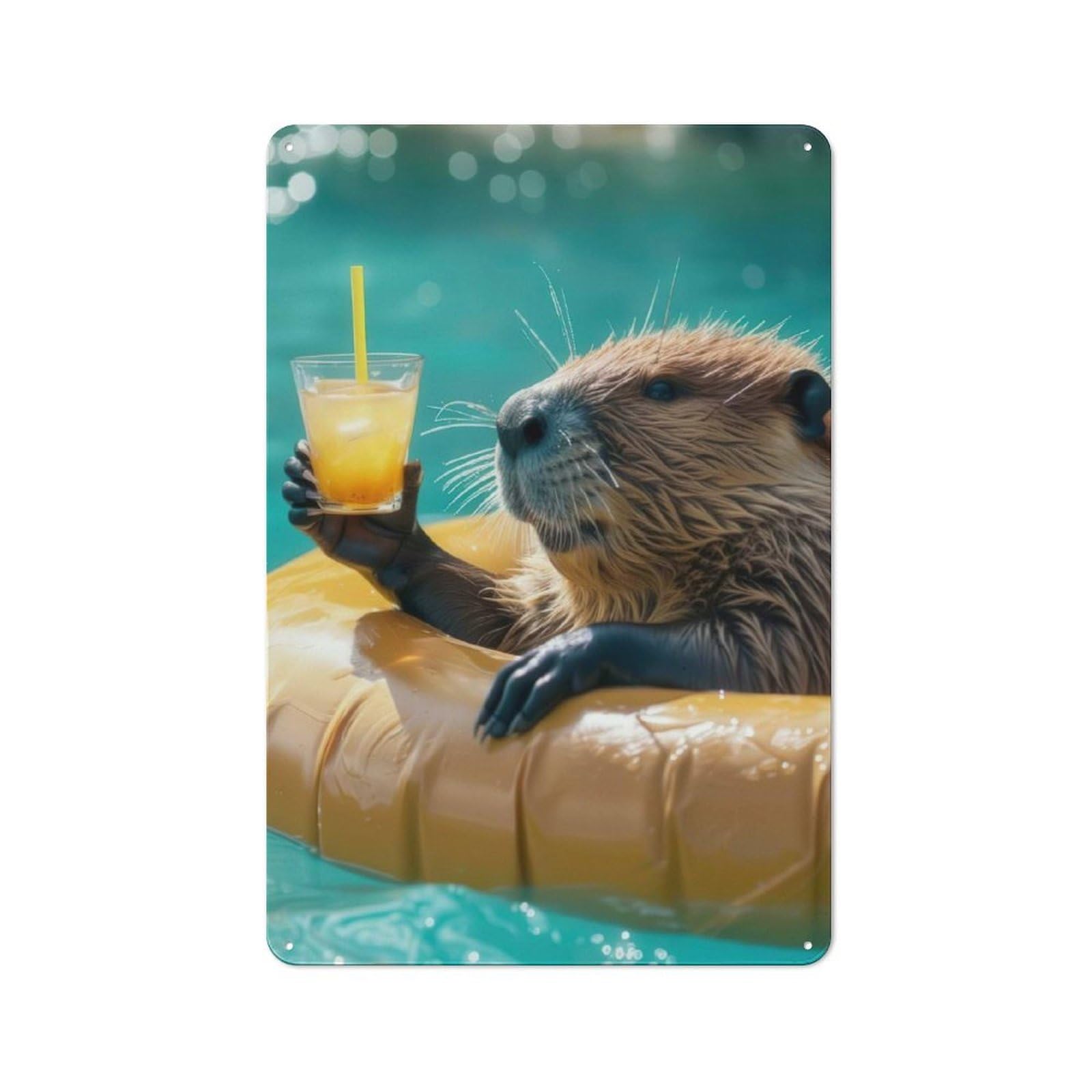 Loft Style Metal Wall Art Sign 30x20cm Featuring Beaver Relaxing with Drink in Pool, Urban Room Decor for Loft, Studio, Office Or Creative Room