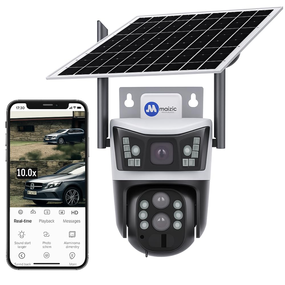 Maizic Smarthome Opti-Zoom 10X Optical Zoom 2 Lens/3 Screen View 4G Sim Based Wireless Solar CCTV Camera with 7W Solar Panel Built-in Battery, Human+ PIR Motion Detection, Two-Way Audio-image-3
