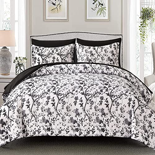 Image of King Size Comforter Set - 7 Pieces Bed in a Bag Soft Microfiber Bedding Comforter Set Leaves Floral Pattern on White Comforter Sets with Sheets for All Seasons (King, Black)