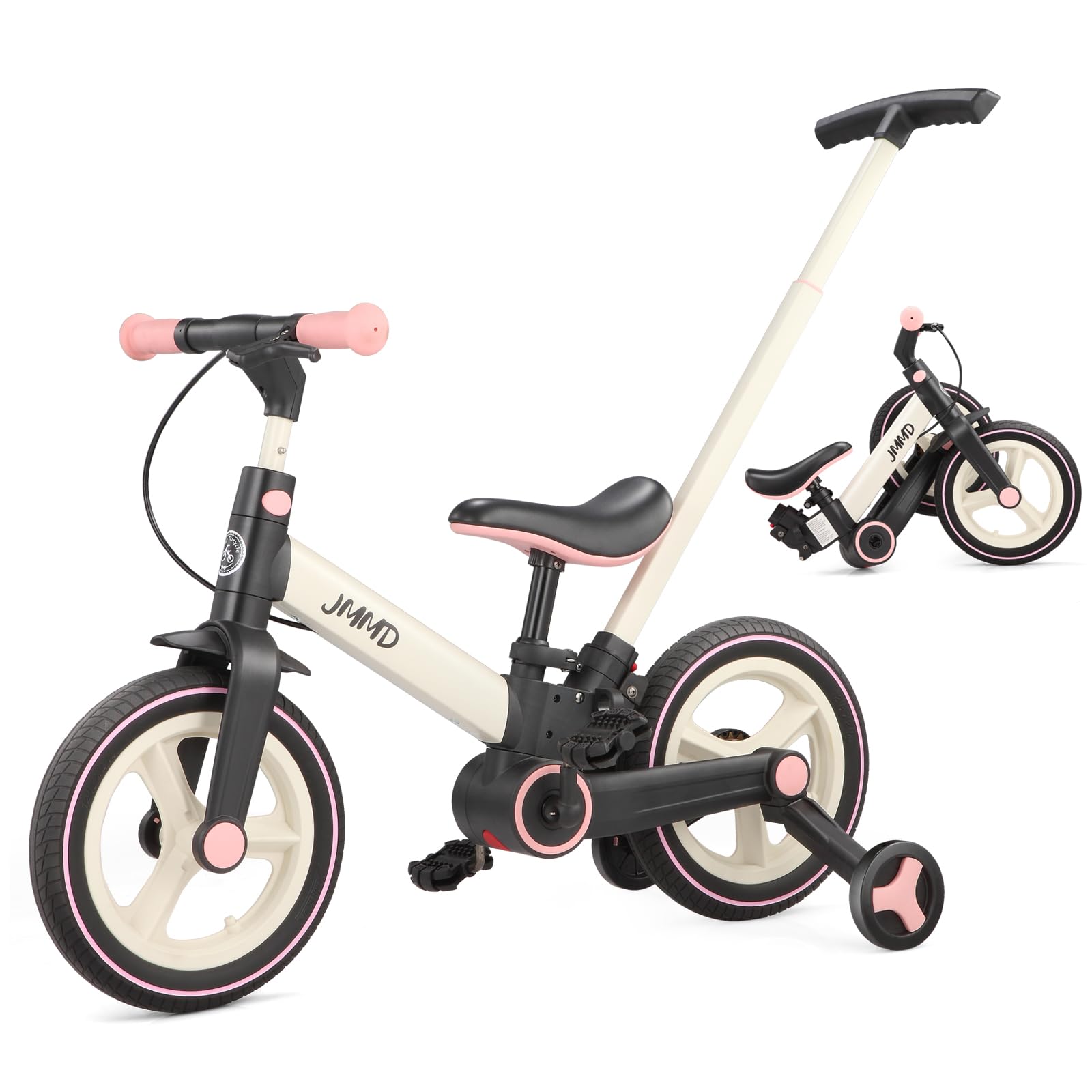 JMMD 6-in-1 Kinderfahrrad mit Stützrädern und Pedalen, Alter 18 Monate-5 Jahre, 12 Zoll Konvertierbares und Faltbares Laufrad & Fahrrad mit Verstellbarem Elternschiebegriff, Ständer, Bremsen