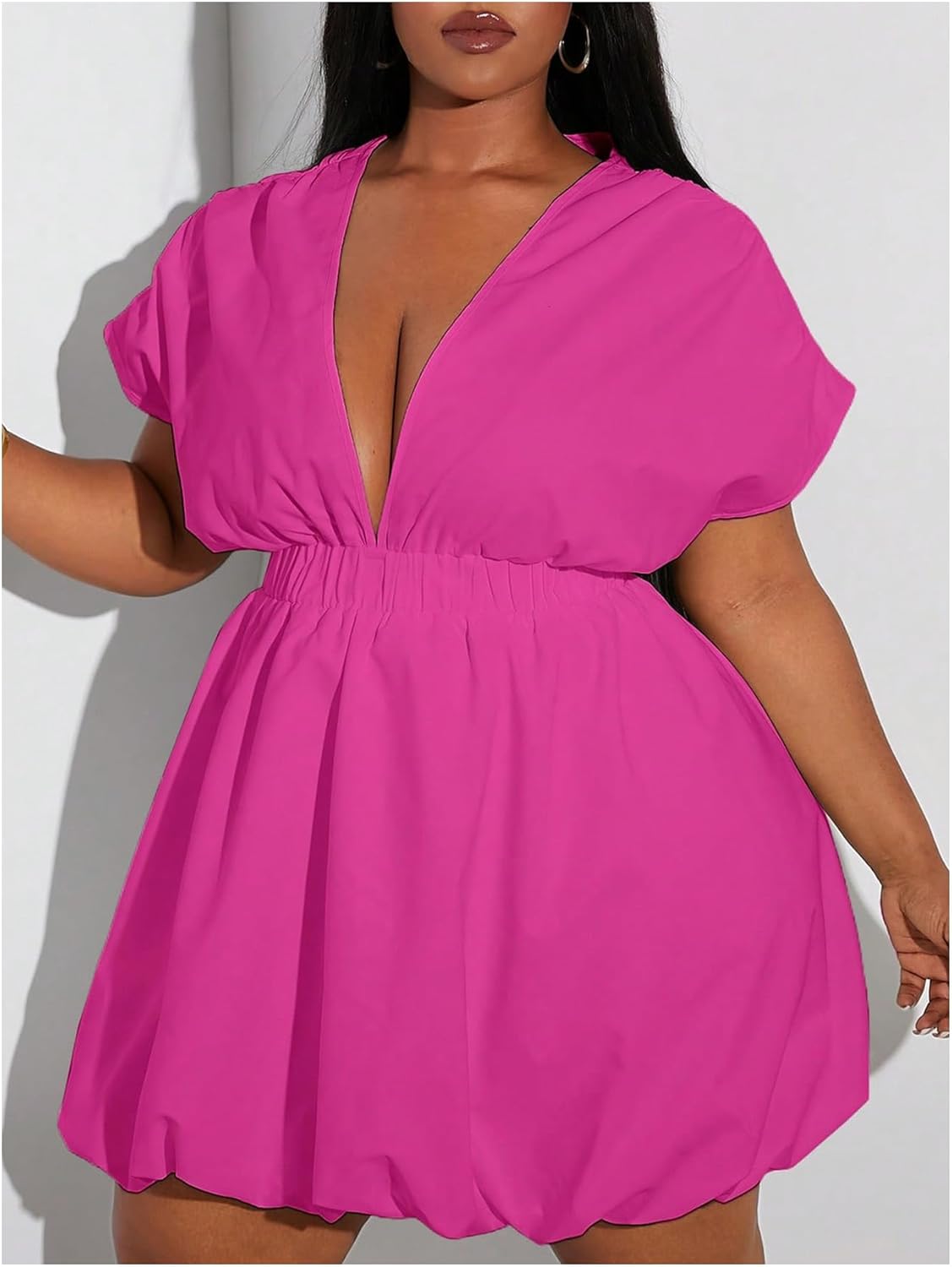 WDIRARA Women's Plus Size Deep V Neck Bubble Dress Short Sleeve A Line Mini Dresses - Image 4